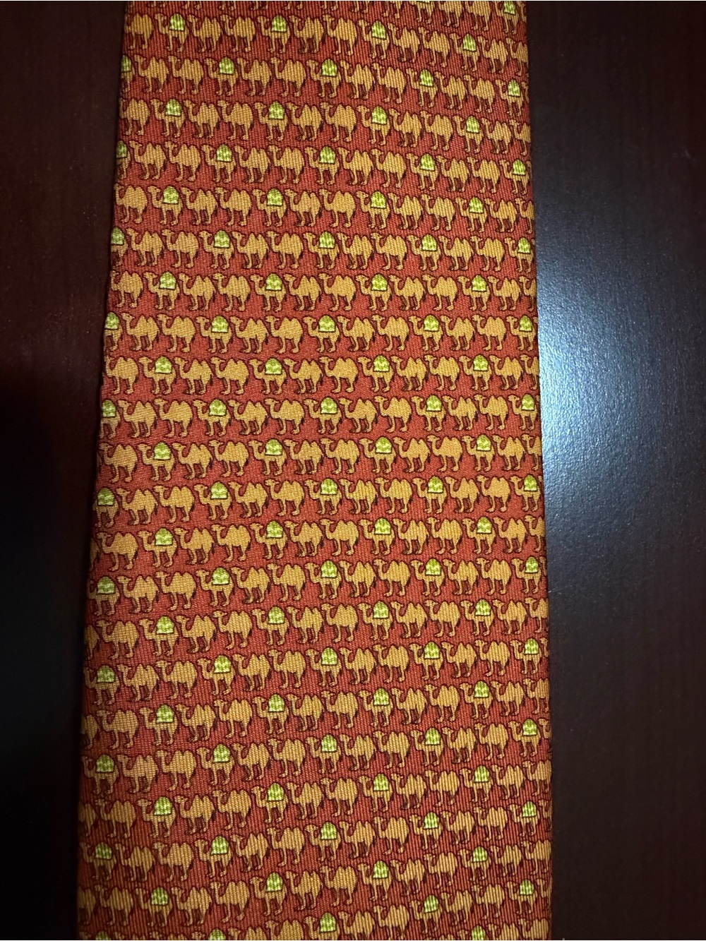 Salvatore Ferragamo Orange and Yellow Camel Motif Silk Tie